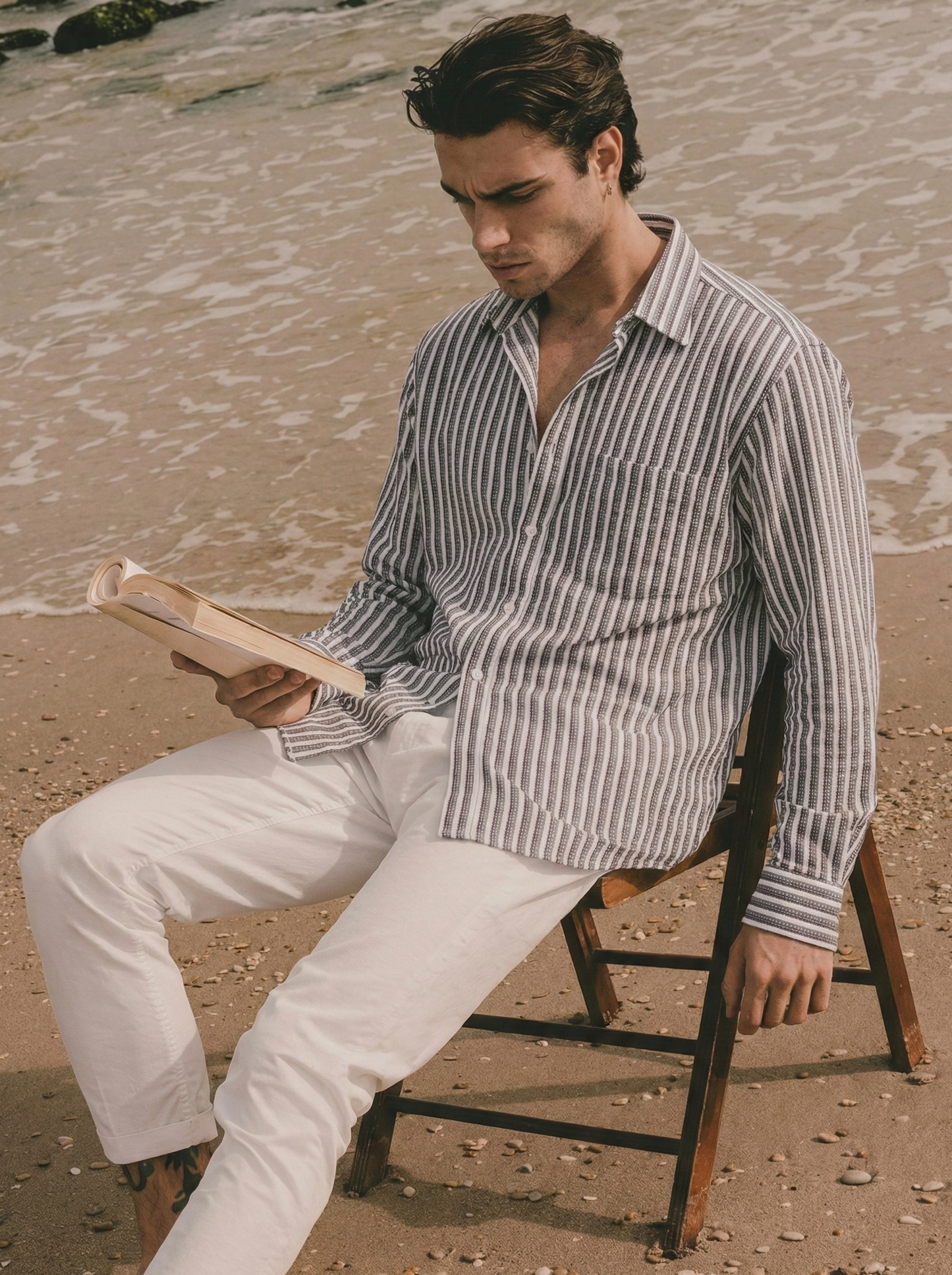 Purple and White Color Stripes Knitted Fabric Shirt