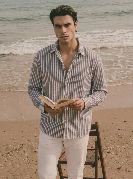 Purple and White Color Stripes Knitted Fabric Shirt