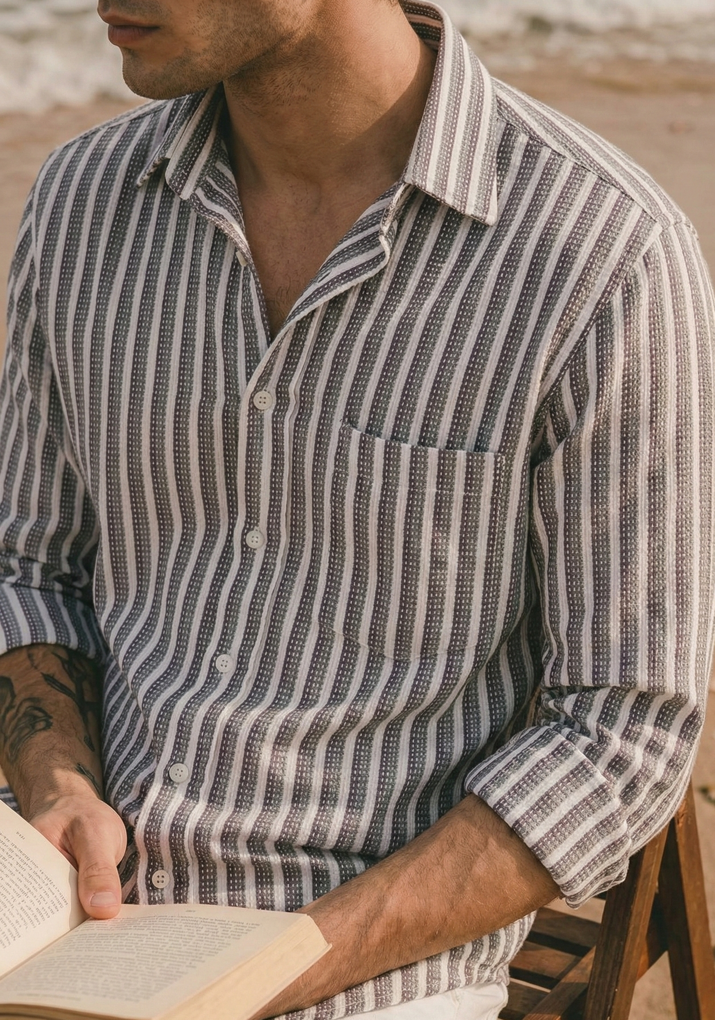 Purple and White Color Stripes Knitted Fabric Shirt