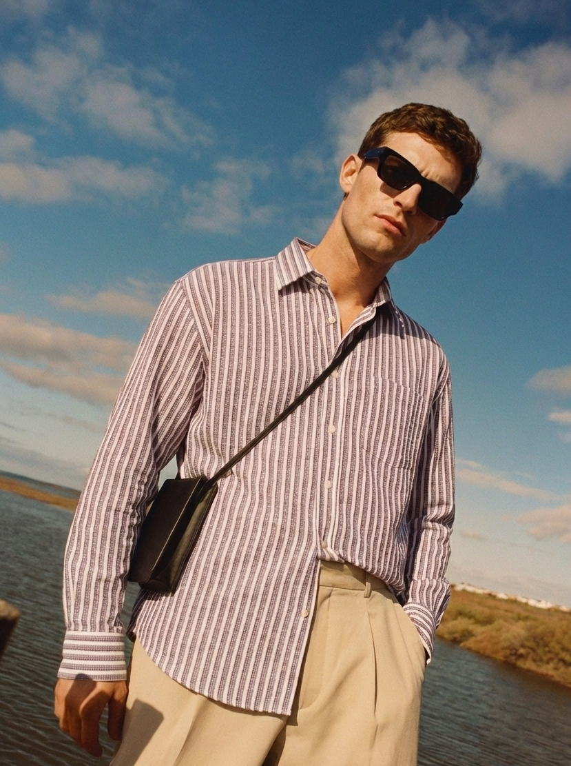 Purple and White Color Stripes Knitted Fabric Shirt