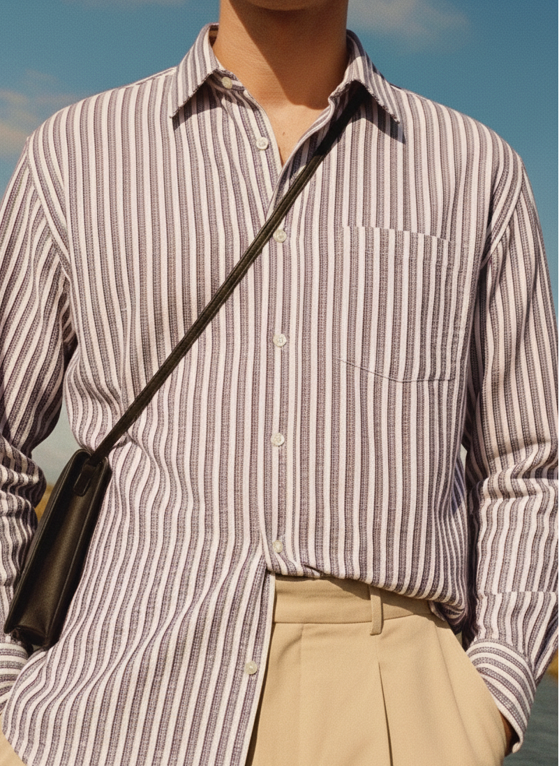 Purple and White Color Stripes Knitted Fabric Shirt