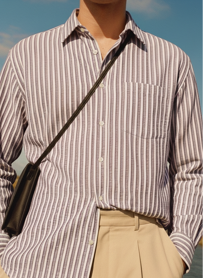 Purple and White Color Stripes Knitted Fabric Shirt