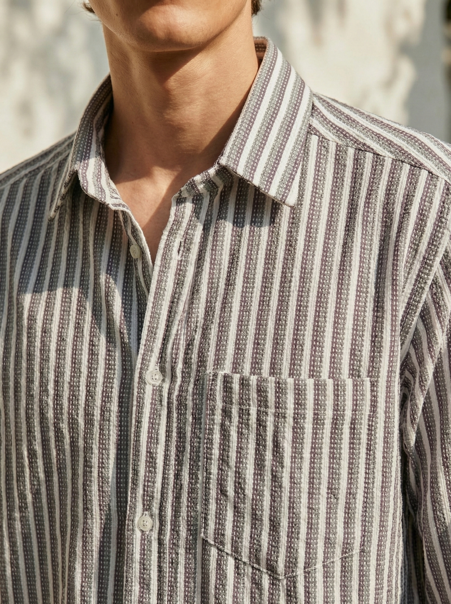 Purple and White Color Stripes Knitted Fabric Shirt