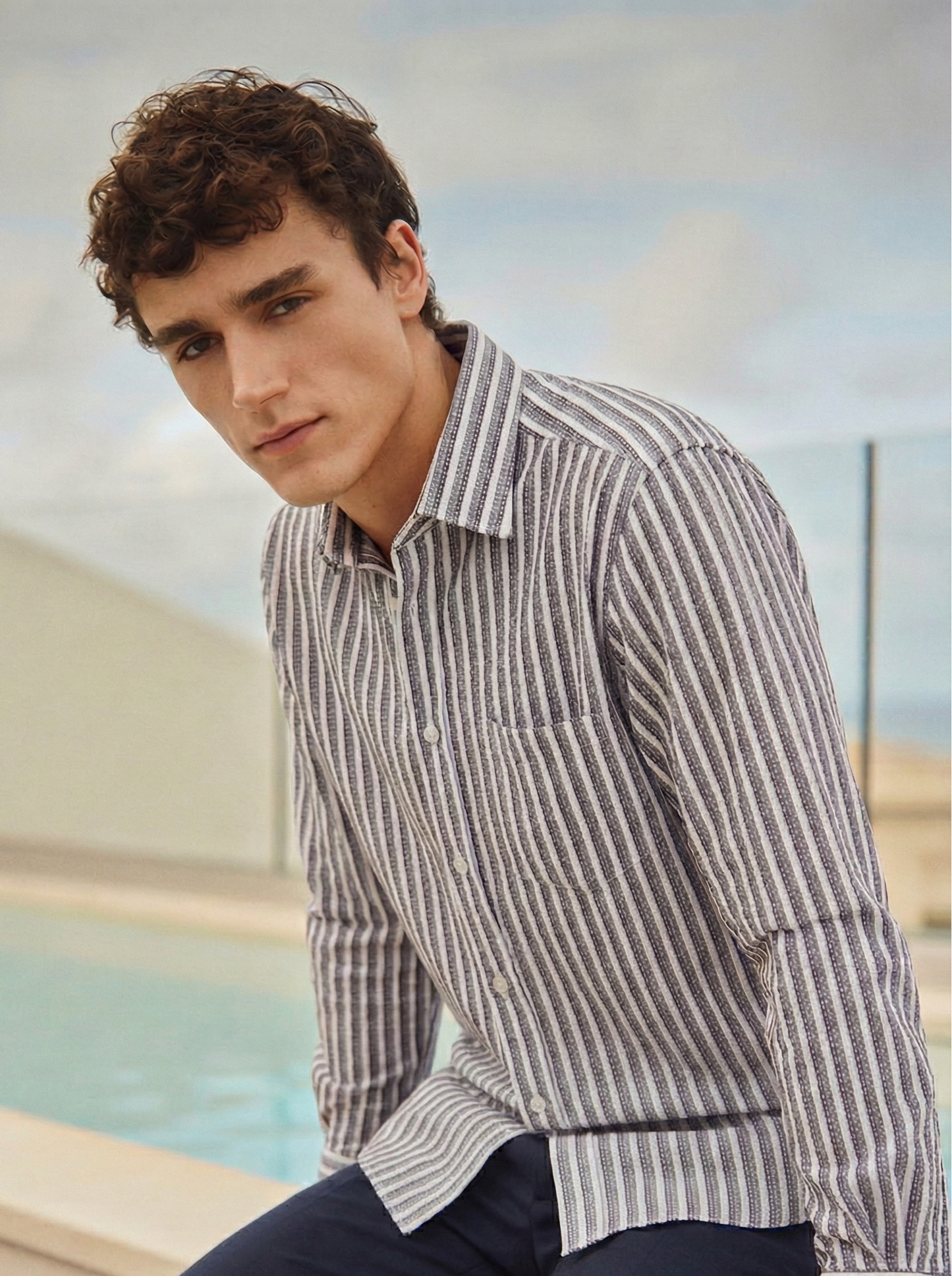 Purple and White Color Stripes Knitted Fabric Shirt