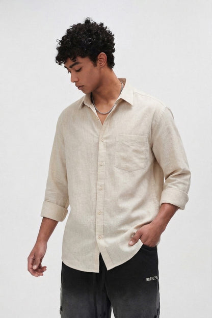 Men’s Beige Cotton Casual Shirt – Solid Regular Fit