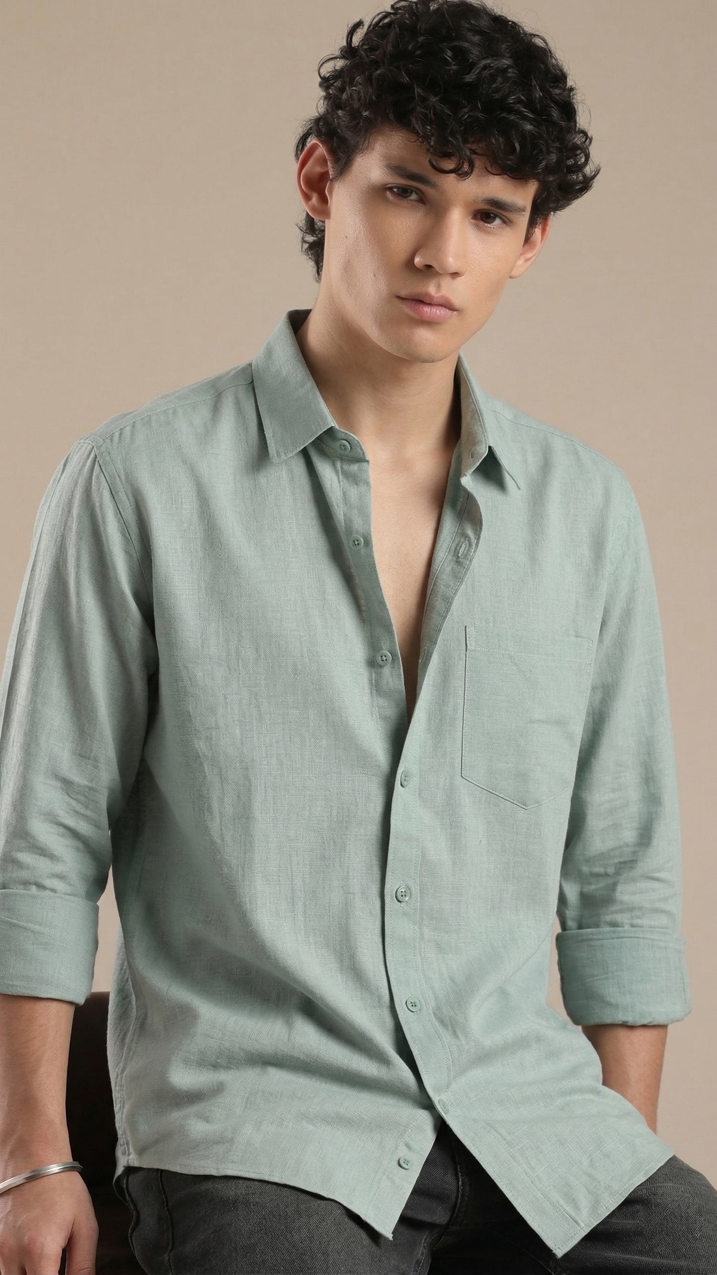 Men’s Mist Green Cotton Casual Shirt – Solid Regular Fit