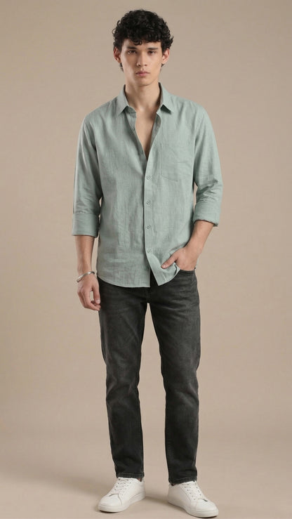 Men’s Mist Green Cotton Casual Shirt – Solid Regular Fit