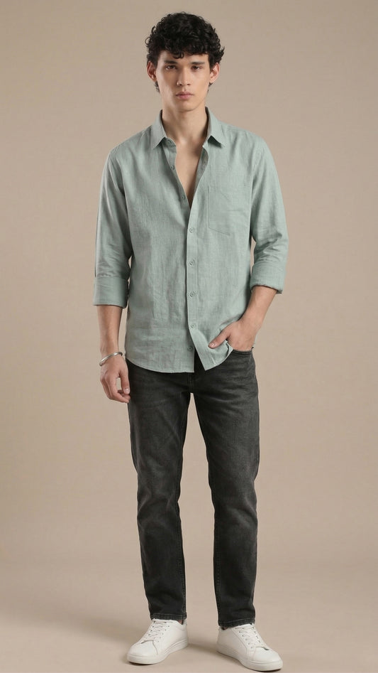 Men’s Mist Green Cotton Casual Shirt – Solid Regular Fit