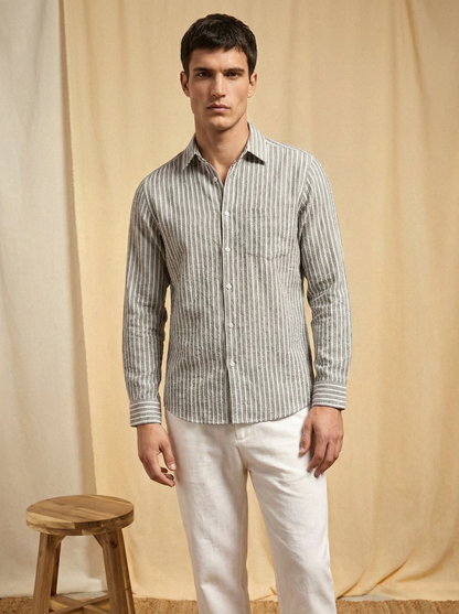Grey and White Color Stripes Knitted Fabric Shirt