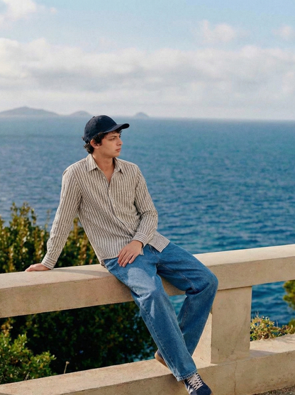 Grey and White Color Stripes Knitted Fabric Shirt