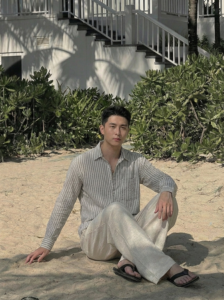 Grey and White Color Stripes Knitted Fabric Shirt