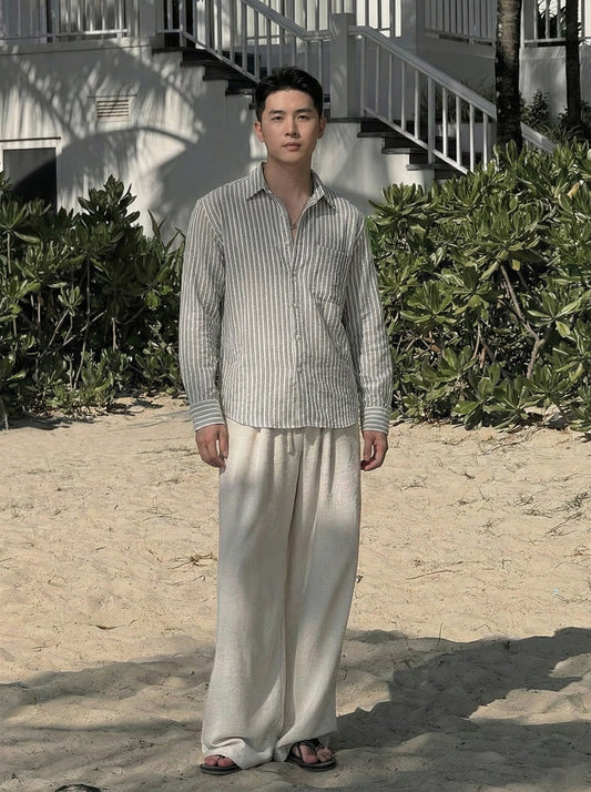 Grey and White Color Stripes Knitted Fabric Shirt