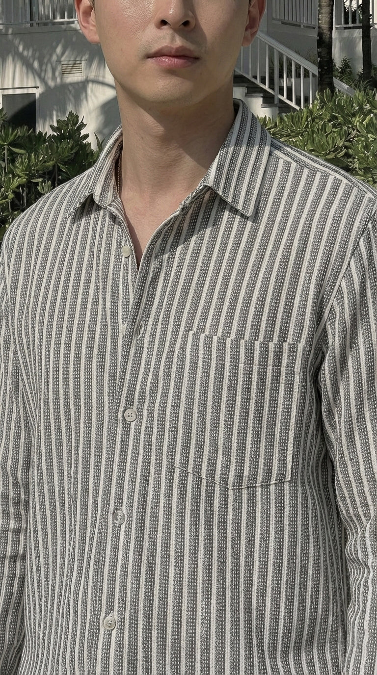 Grey and White Color Stripes Knitted Fabric Shirt