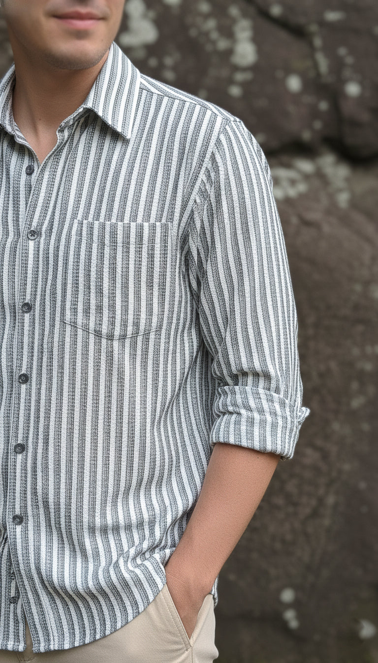 Grey and White Color Stripes Knitted Fabric Shirt
