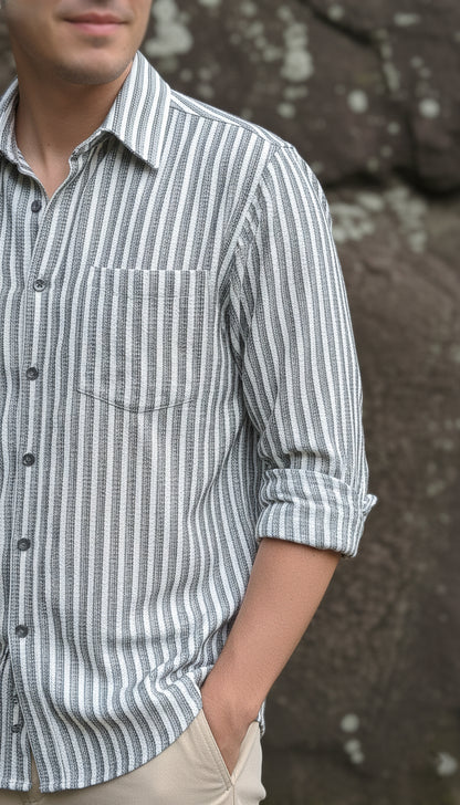 Grey and White Color Stripes Knitted Fabric Shirt