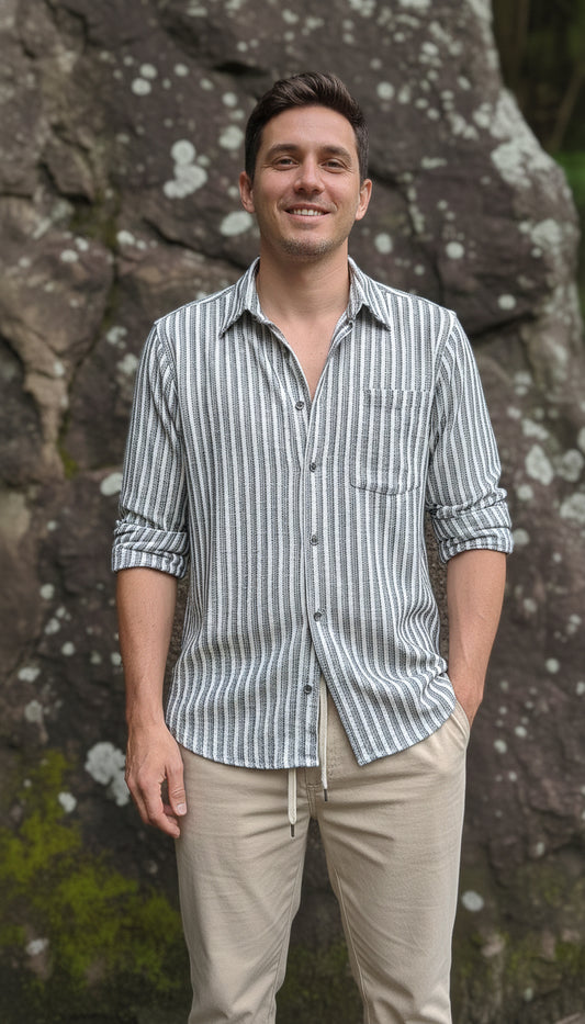 Grey and White Color Stripes Knitted Fabric Shirt