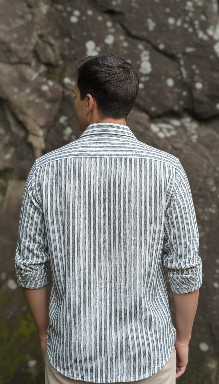 Grey and White Color Stripes Knitted Fabric Shirt