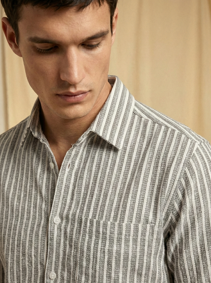 Grey and White Color Stripes Knitted Fabric Shirt