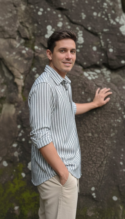 Grey and White Color Stripes Knitted Fabric Shirt