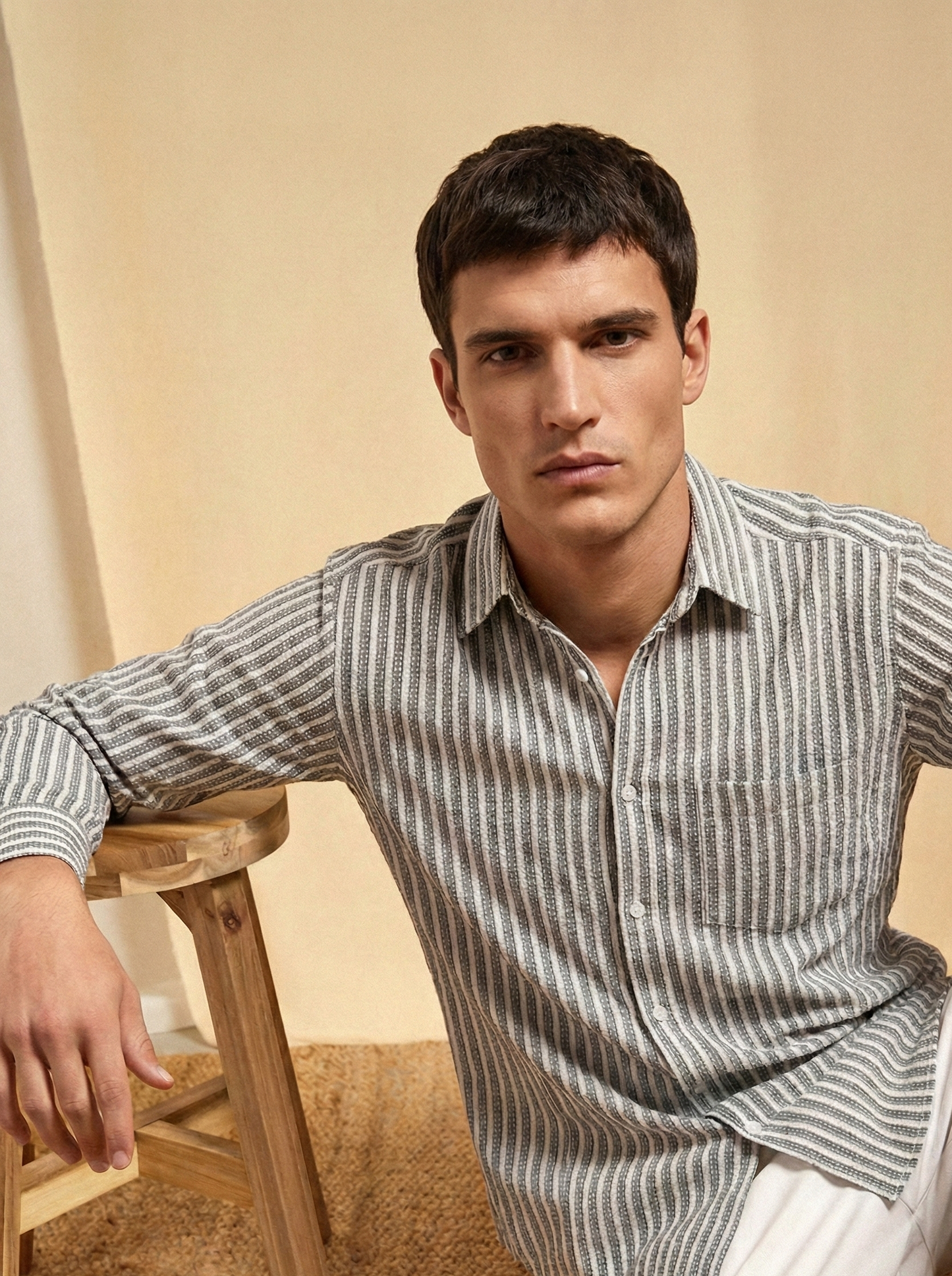 Grey and White Color Stripes Knitted Fabric Shirt