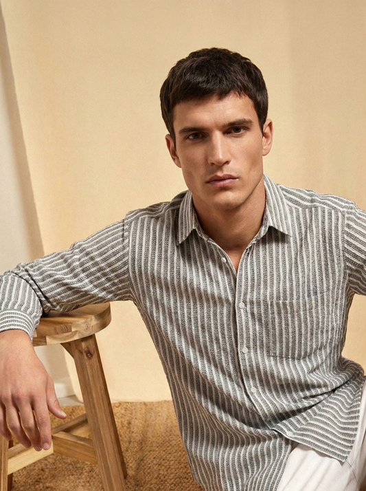Grey and White Color Stripes Knitted Fabric Shirt