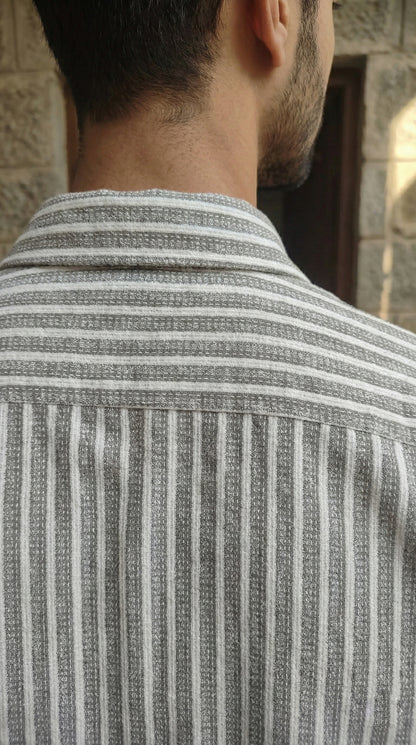 Grey and White Color Stripes Knitted Fabric Shirt