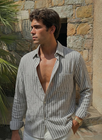 Grey and White Color Stripes Knitted Fabric Shirt