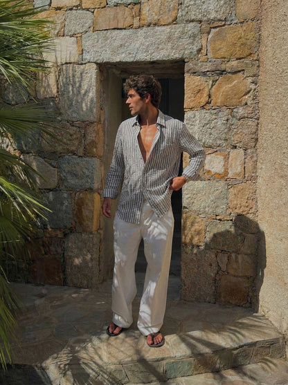 Grey and White Color Stripes Knitted Fabric Shirt