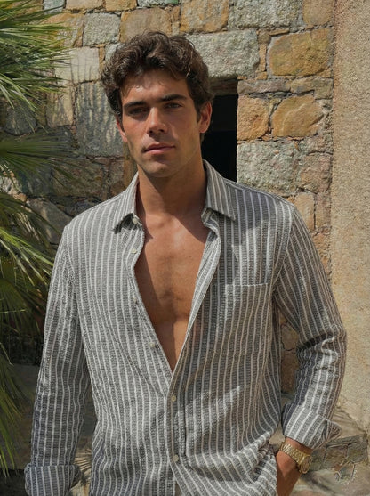 Grey and White Color Stripes Knitted Fabric Shirt