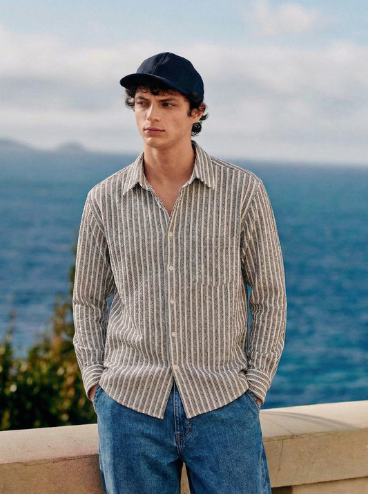 Grey and White Color Stripes Knitted Fabric Shirt