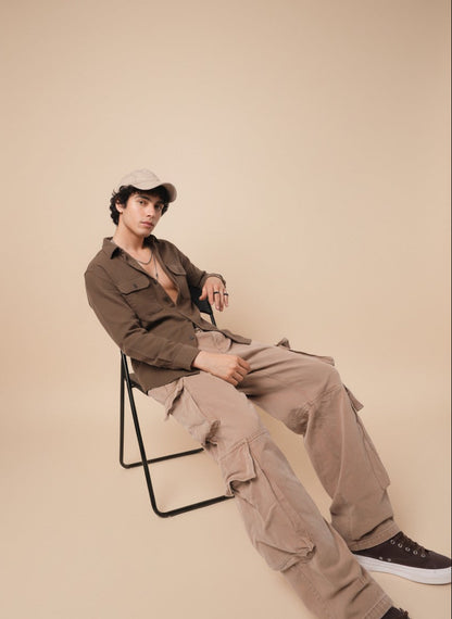 Camel Brown Color Double Side Patch Pocket Knitted Fabric Shirt