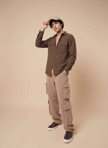 Camel Brown Color Double Side Patch Pocket Knitted Fabric Shirt