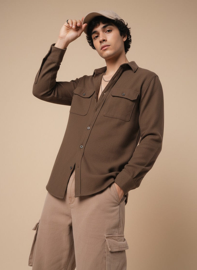 Camel Brown Color Double Side Patch Pocket Knitted Fabric Shirt