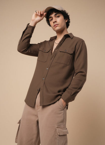Camel Brown Color Double Side Patch Pocket Knitted Fabric Shirt