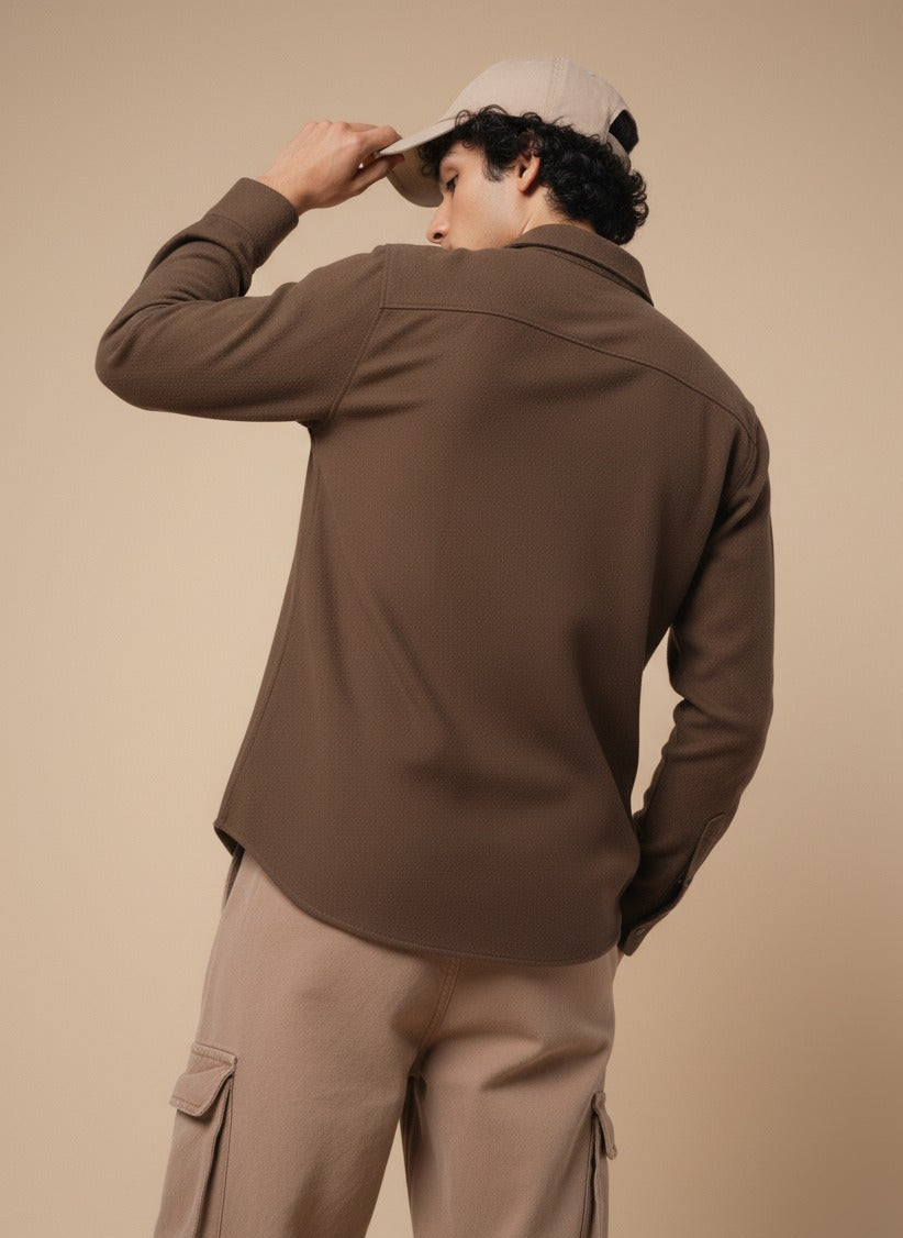 Camel Brown Color Double Side Patch Pocket Knitted Fabric Shirt