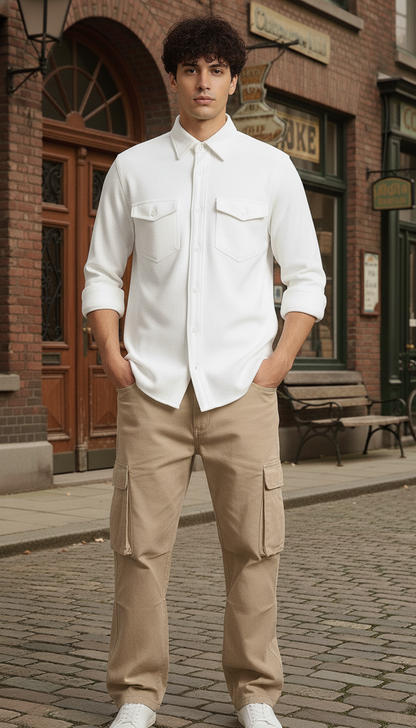 White Color Double Side Patch Pocket Knitted Shirt