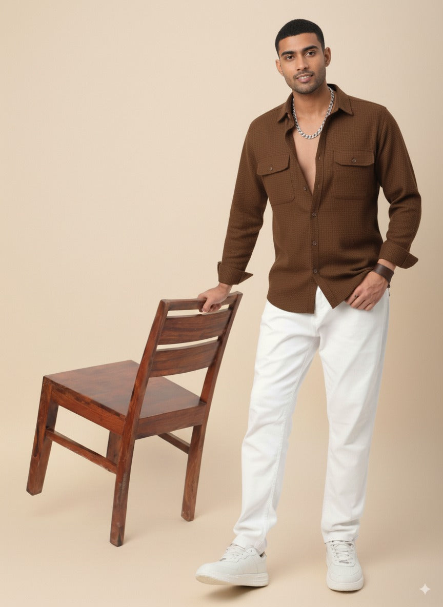 Brown Color Knitted Jacquard Shirt