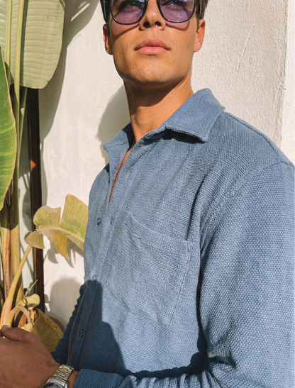 Blue Color Textured Design Jacquard Fabric Shirt