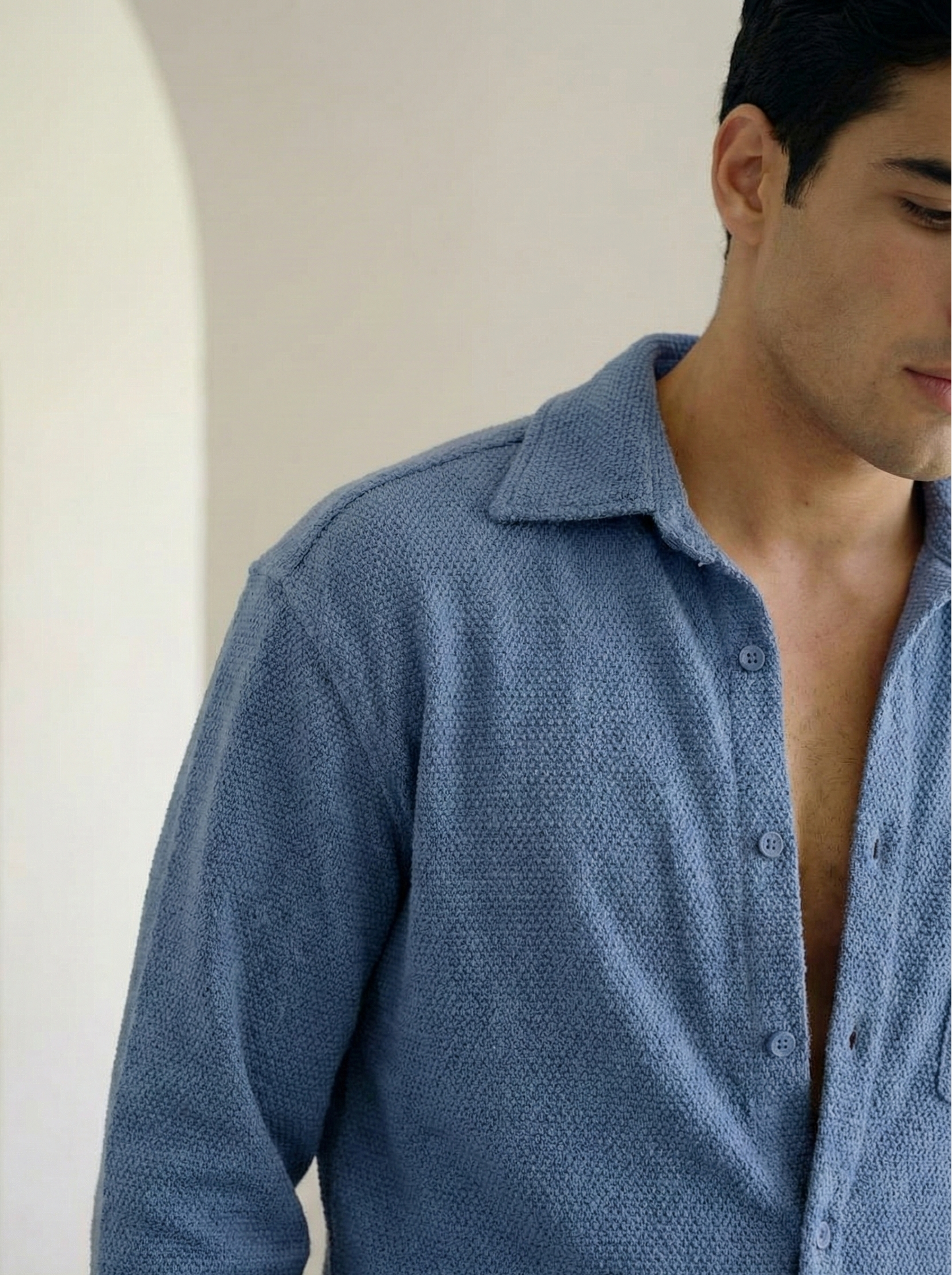 Blue Color Textured Design Jacquard Fabric Shirt