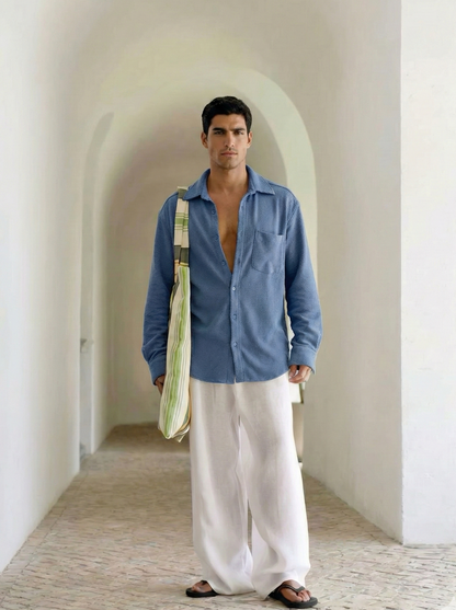 Blue Color Textured Design Jacquard Fabric Shirt