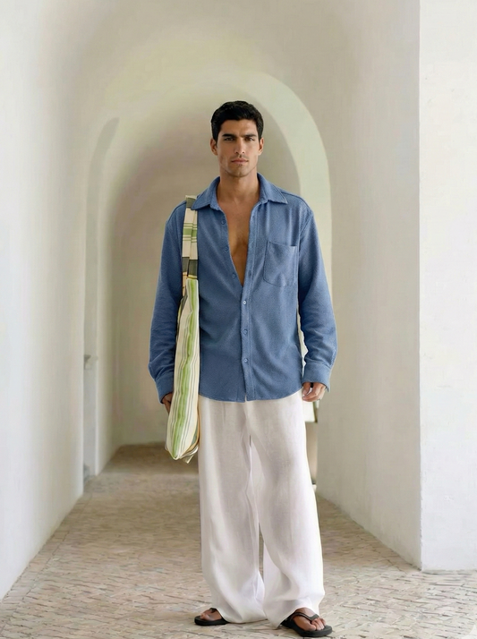 Blue Color Textured Design Jacquard Fabric Shirt