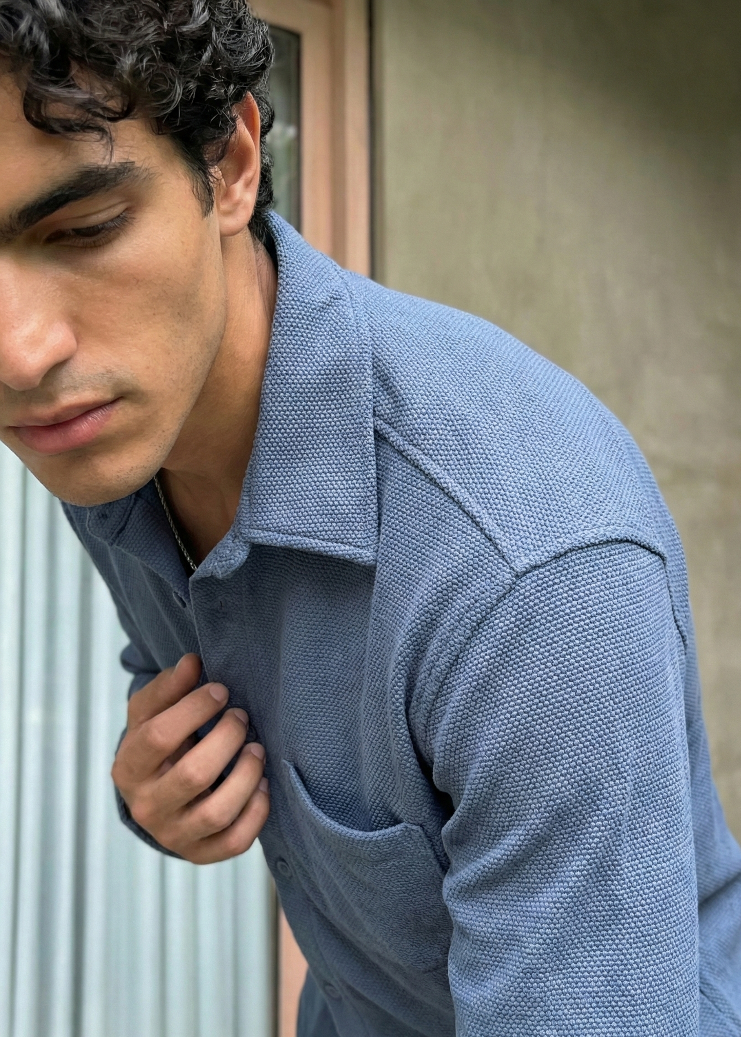 Blue Color Textured Design Jacquard Fabric Shirt