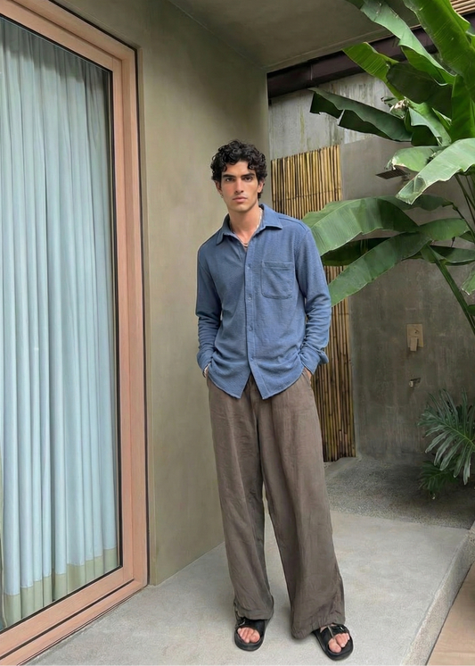 Blue Color Textured Design Jacquard Fabric Shirt