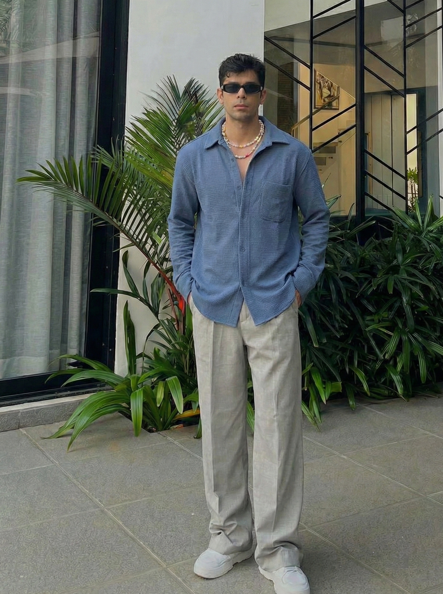 Blue Color Textured Design Jacquard Fabric Shirt