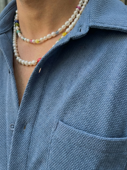 Blue Color Textured Design Jacquard Fabric Shirt