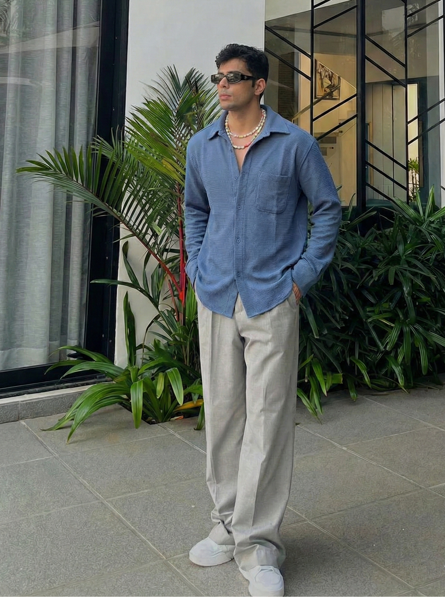 Blue Color Textured Design Jacquard Fabric Shirt