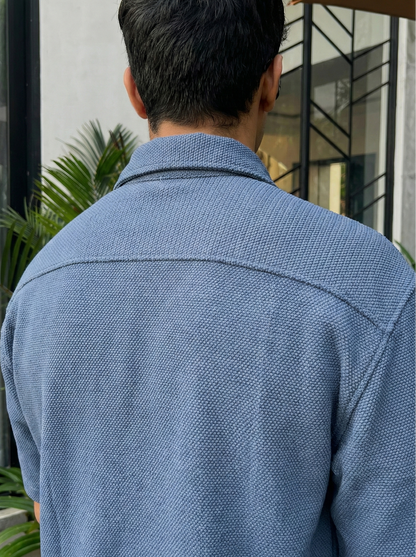 Blue Color Textured Design Jacquard Fabric Shirt