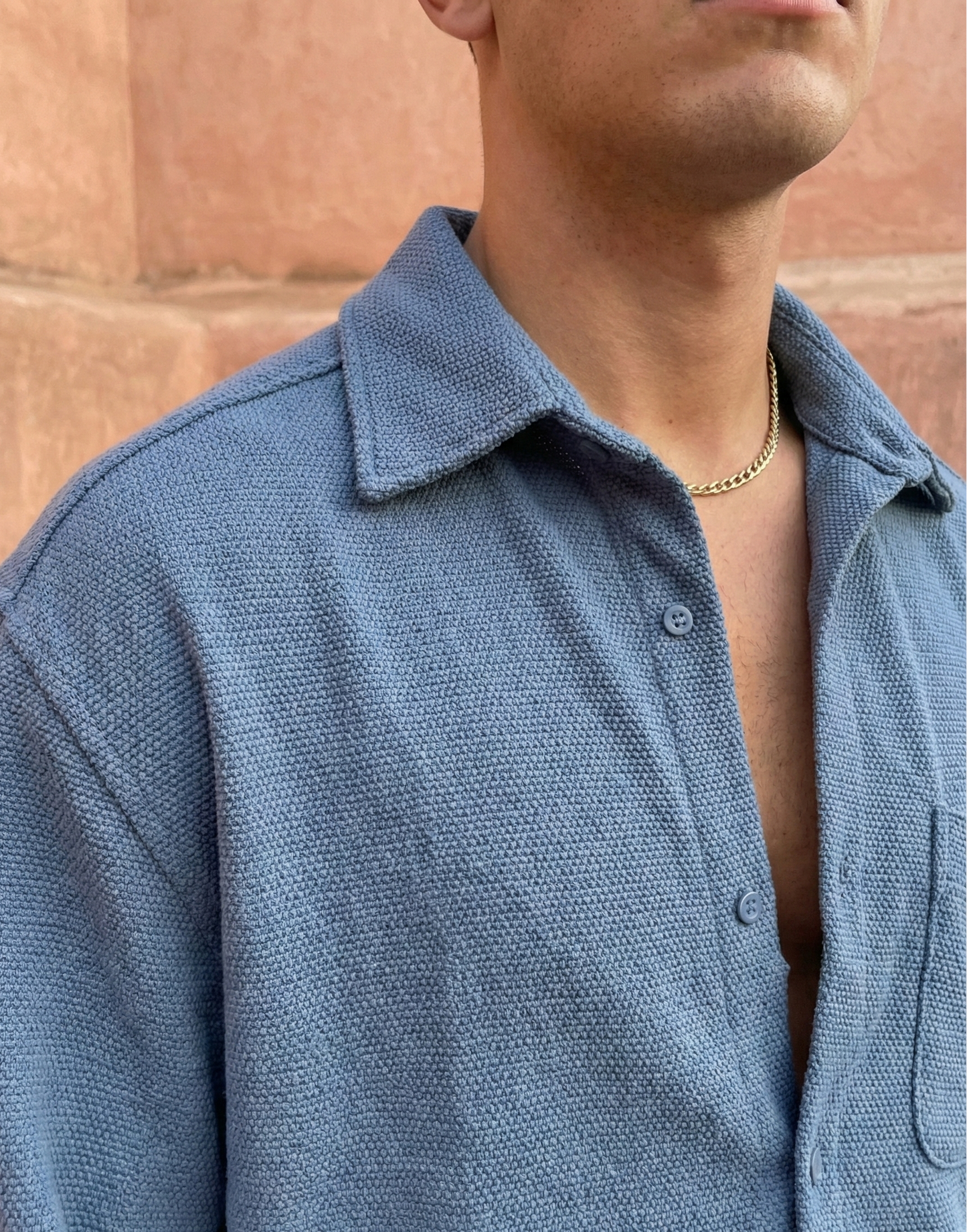 Blue Color Textured Design Jacquard Fabric Shirt