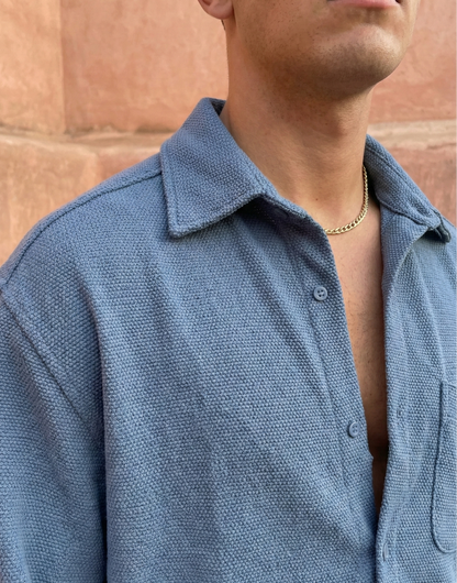 Blue Color Textured Design Jacquard Fabric Shirt