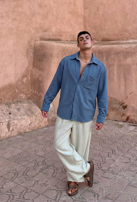 Blue Color Textured Design Jacquard Fabric Shirt